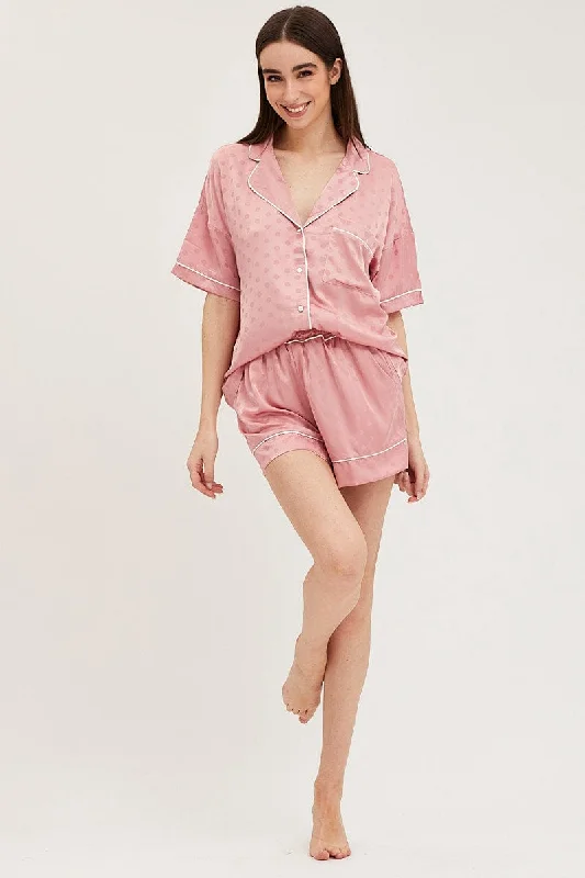 Pink Satin Pajamas Set Short Sleeve