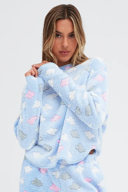 Blue Print Fluffy PJ Cloud Print Cosy Pyjama Set