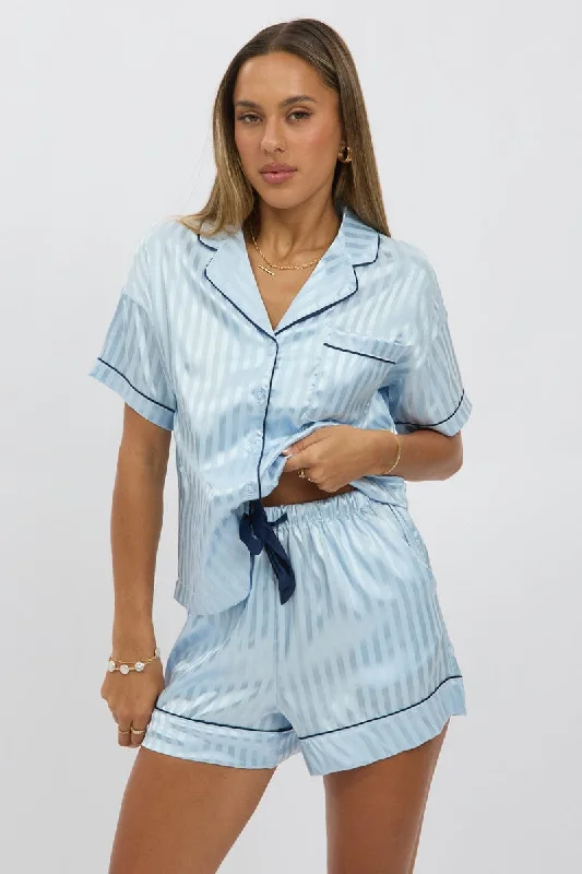 Blue Stripe Satin Pyjamas Set Short Sleeve