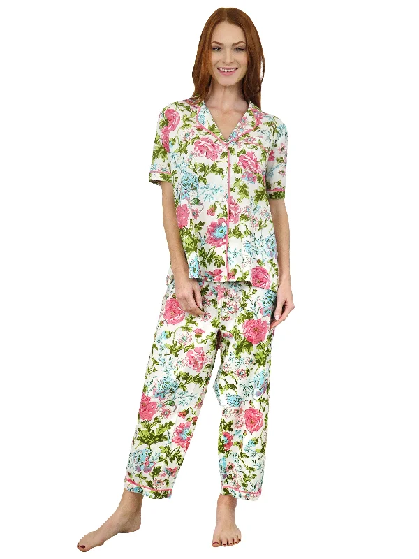 La Cera Short Sleeve English Garden Print Cotton Pajama Set