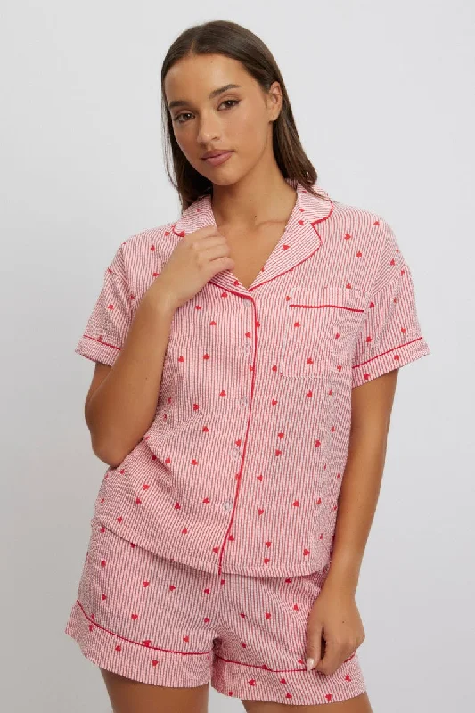 Red Stripe Cotton Pyjamas Set Short Sleeve