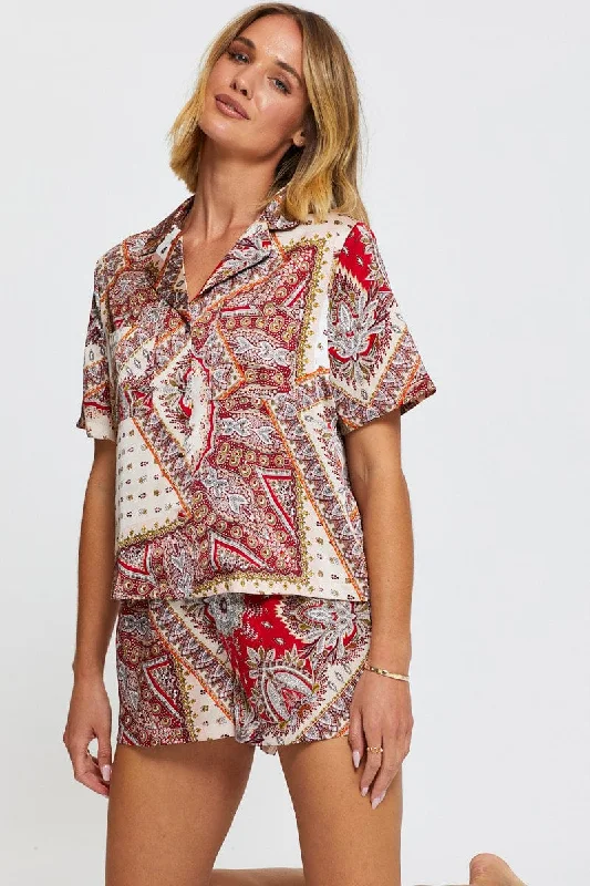 Print Satin Pajamas Set Short Sleeve