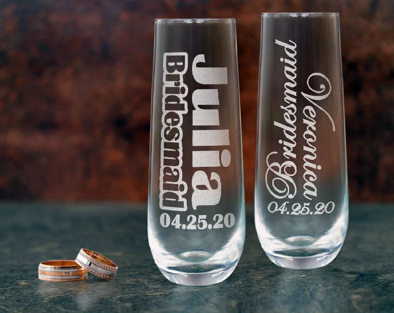 Bridesmaid Proposal Personalized Ladies Stemless Champagne Wine Glasses Single Day of Wedding Bridal Celebration Bride Mother Mimosa Glass