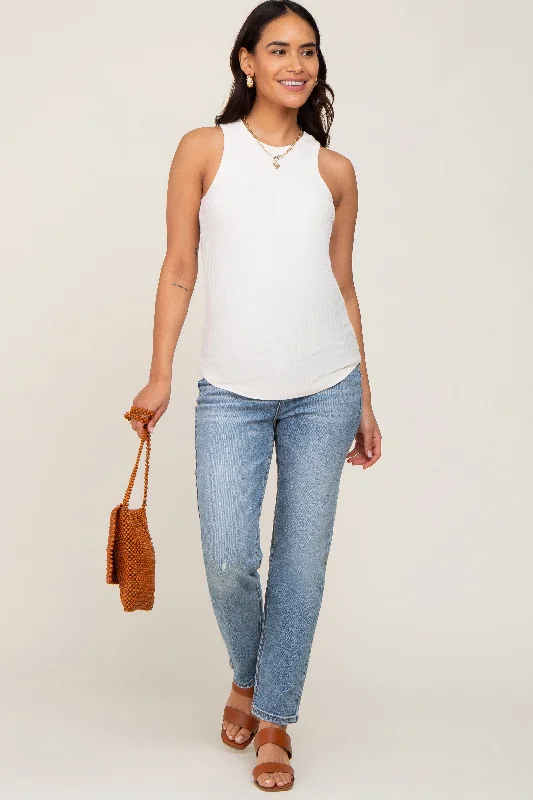 Blue Distressed Straight Leg Maternity Jeans