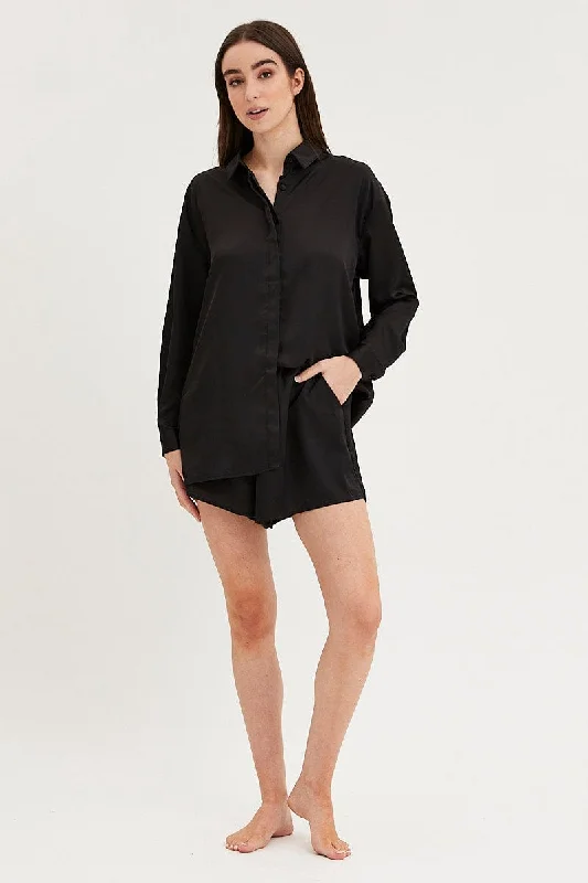 Black Satin Pajamas Set Long Sleeve