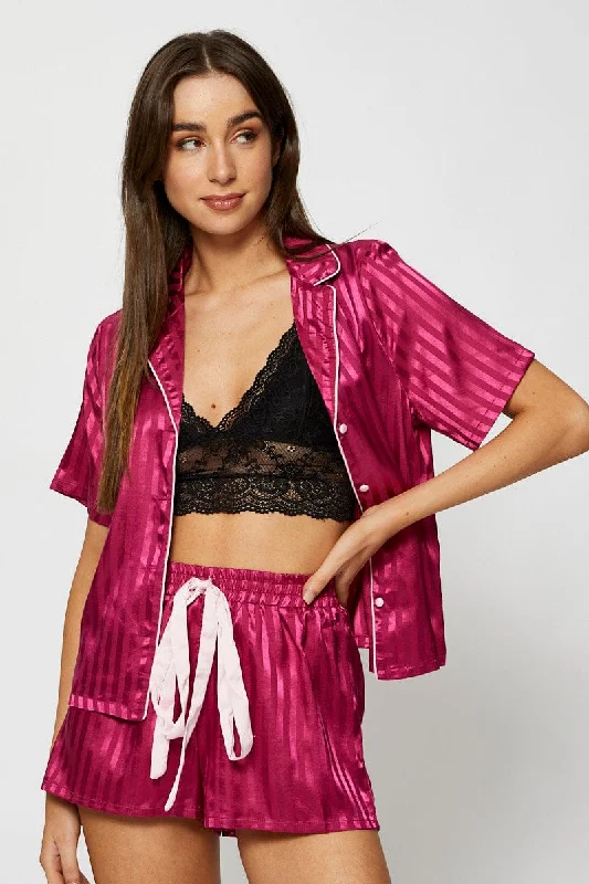 Pink Satin Pajamas Set Short Sleeve