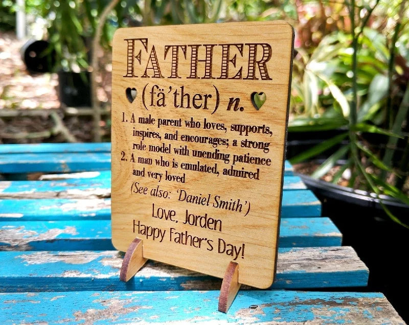 Definition of Father Personalized Fathers Day Wood Greeting Card With Stand New Dad to Be Child GIft to Parent Mens Gift Present for Daddy