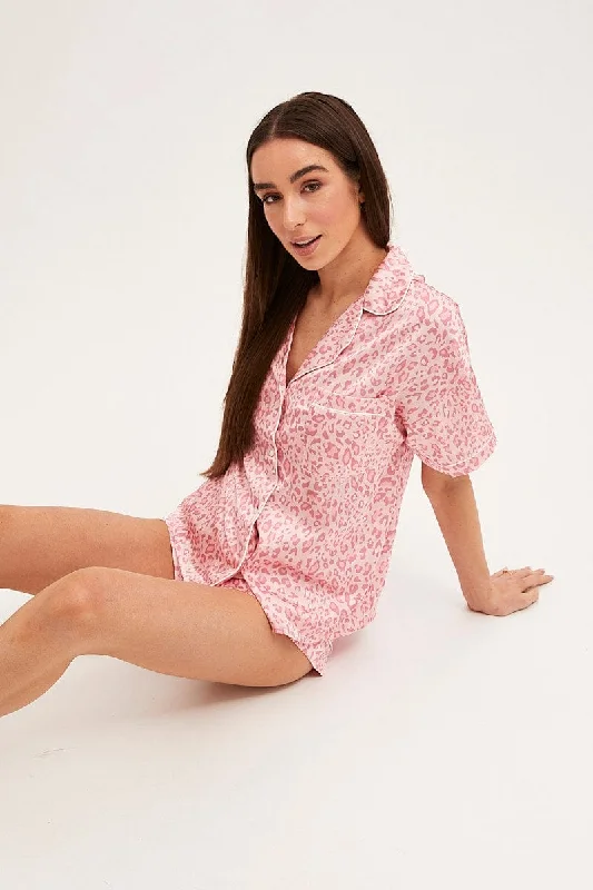 Pink Animal Print Pyjamas Set Short Sleeve Collared Shorts Satin