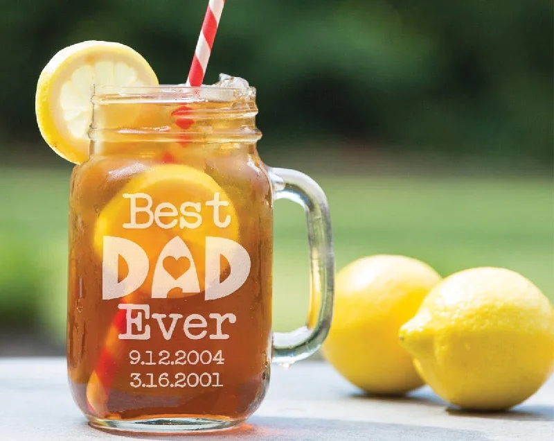 ONE 16 Oz LOVE Dad Best Dad Ever w/ Dates Engraved Glass Mug Mason Jar Personalized for Fathers Day Birthday Daddy Christmas Gifts