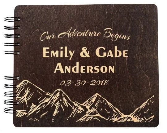 Our Adventure Begins Just Married Wedding Wooden Guest Book Unique Rustic Engraved GuestBook Bridal Shower Gift for Bride Groom Photo Album