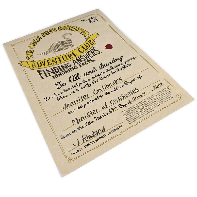 The Loch Ness Monster Adventure Club Certificate