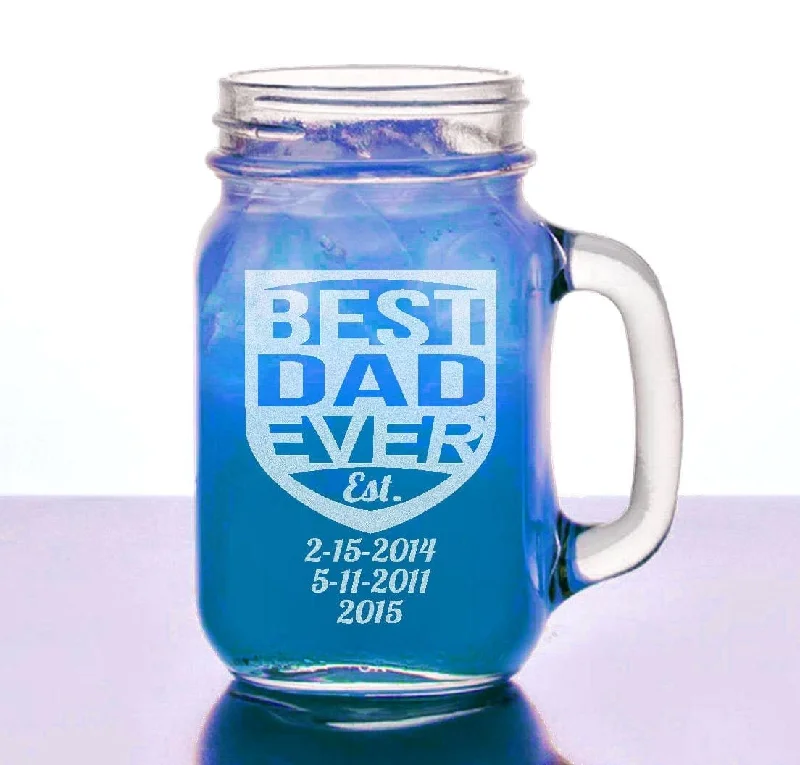 Best Dad Ever with Dates Gift Idea Engraved 16 Oz Mason Jar Personalized Etched Glass Mug for Fathers Birthday Daddy Papa Grandpa