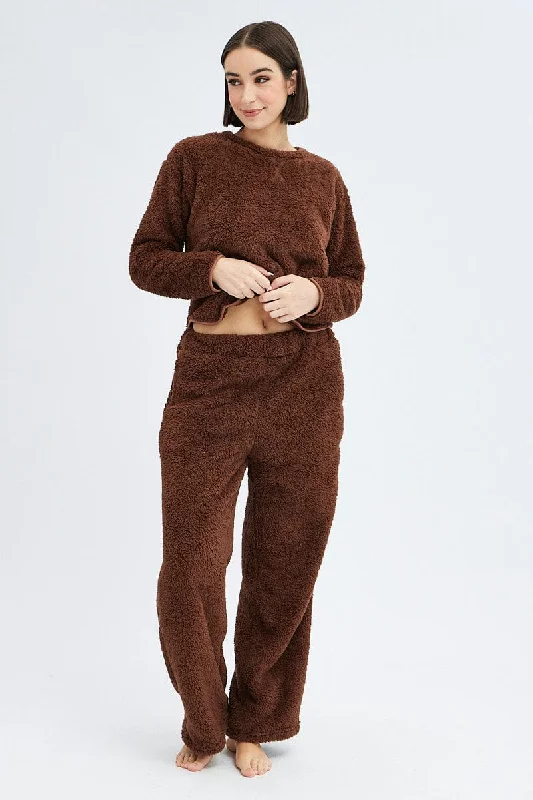 Brown Fluffy PJ Fleece Cosy Pyjama Set