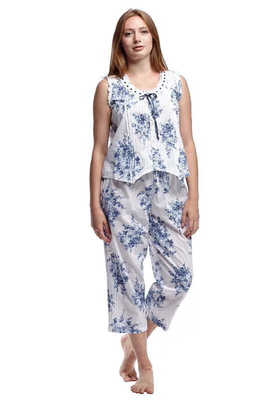 100% Cotton PJs-  Blue and White Floral Print