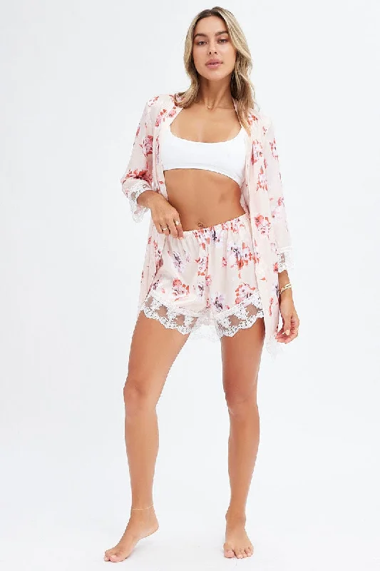 Pink Print Print Satin Pajamas Set