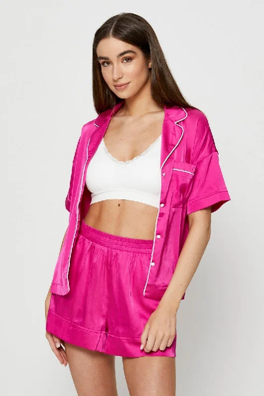 Pink Contrast Piping Pyjamas Set