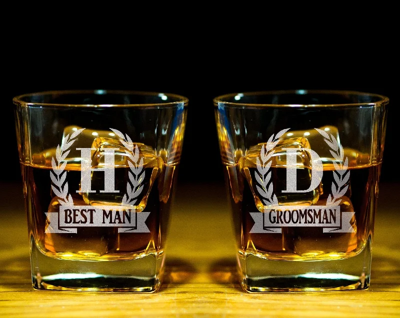 Personalized Initial Monogram Wreathe Scotch Rock Glasses Husband Engraved Gift for Grandpa Dad Whiskey Lover Wedding Set for Bride Groom