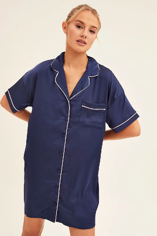 Blue Nightgown Short Sleeve Collared Mini Satin