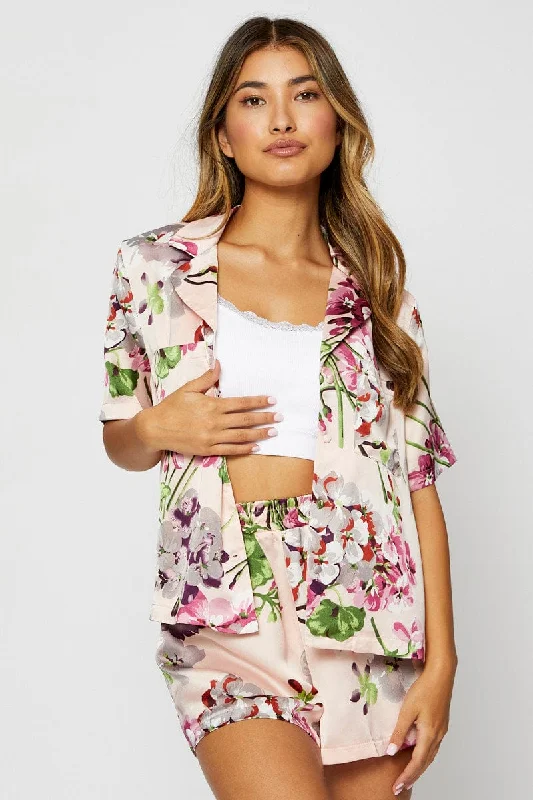 Print Satin Pajamas Set Short Sleeve