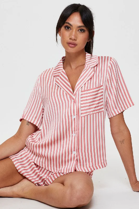 Stripe Satin Pajamas Set Short Sleeve