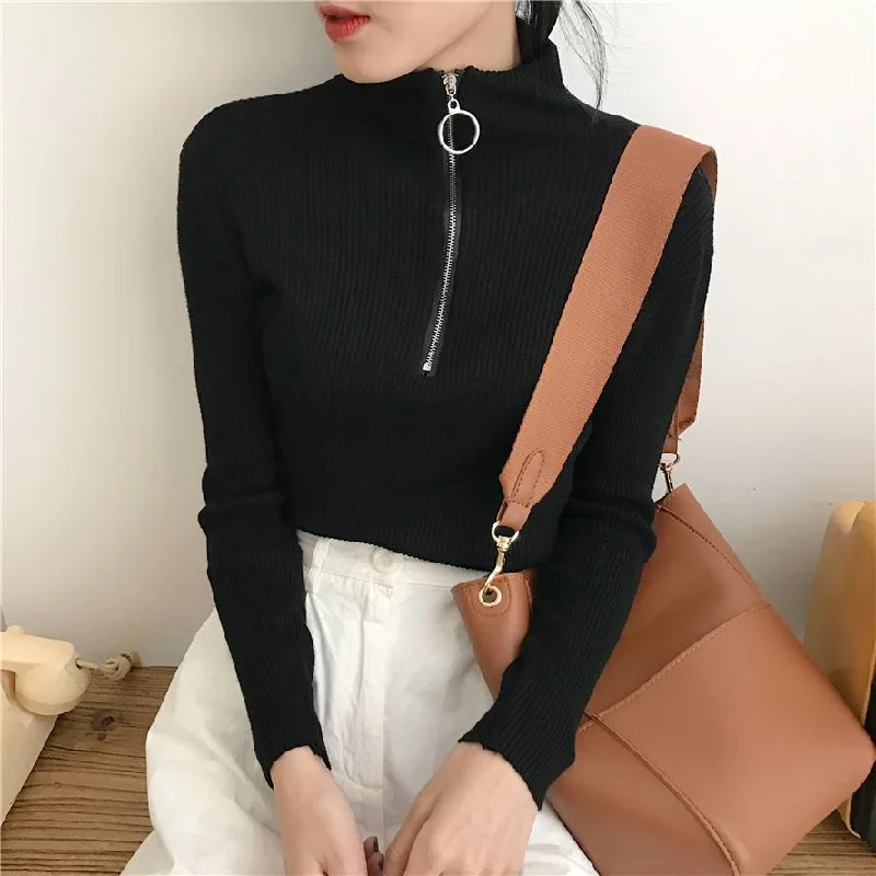 Turtleneck Women Sweater And Pullovers Fall 2018 Korean Fashion Autumn Zipper Knitted Sweater Women High Elastic Solid Tops