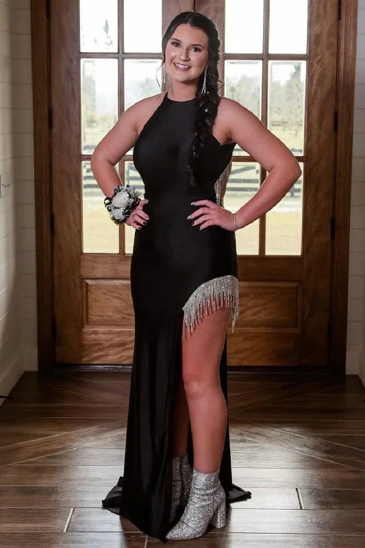 Black Halter Backless Tassel Long Prom Dress with Slit