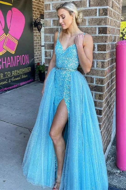 Ice Blue Sequin V-Neck Straps Long Prom Dress With Detachable Train