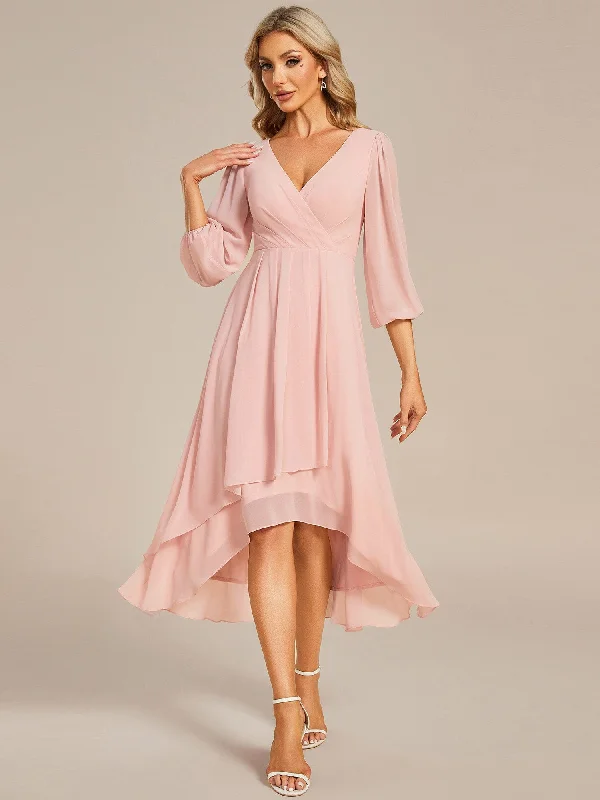 Laura | Long Sleeves Asymmetrical Hem A-Line Midi Bridesmaid Dress