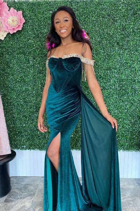 Emerald Velvet Off-the-Shoulder Fringe Long Prom Dress