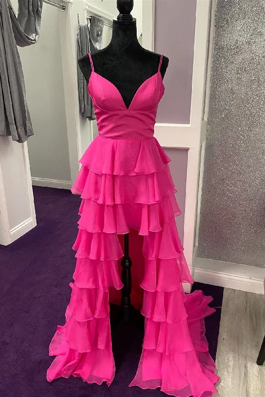 High-low Hot Pink Multi-tiered Long Prom Dress