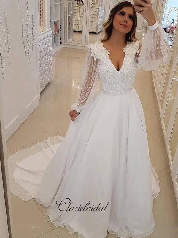 Long Sleeves Beaded Wedding Dresses, V-neck Wedding Dresses, A-line Wedding Dresses Long