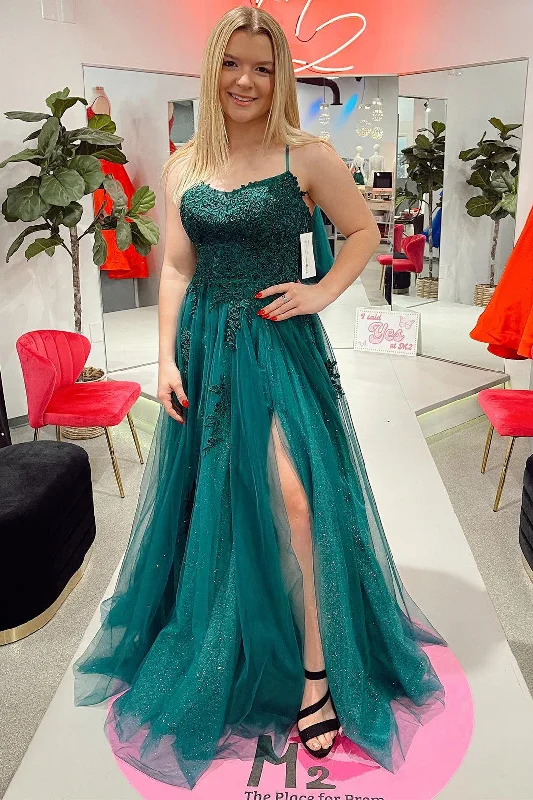 Dark Green Appliques Backless Long Prom Dress with Slit