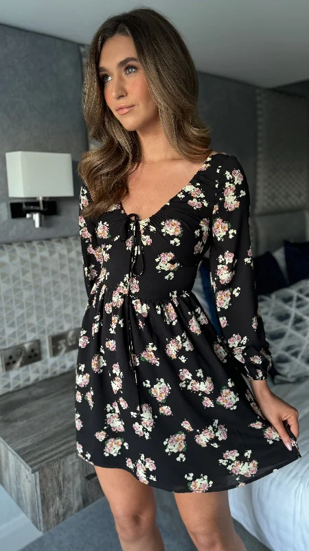 Fiona Black Floral Gathered V Neckline Long Sleeve Mini Dress