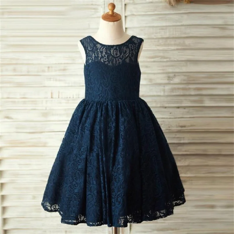 Navy Blue Lace Lovely Cute Flower Girl Dresses with bow , Junior Bridesmaid Dresses, FG084