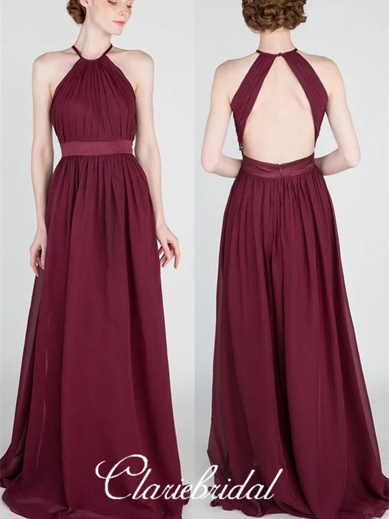 Halter Burgundy Chiffon Long A-line Bridesmaid Dresses