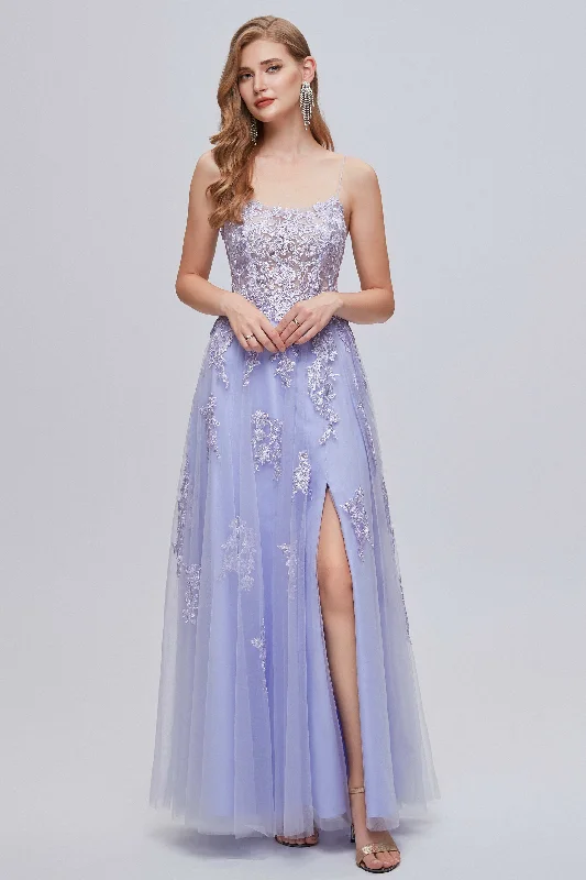 Lilac Appliques Lace-Up A-Line Long Prom Dress with Slit