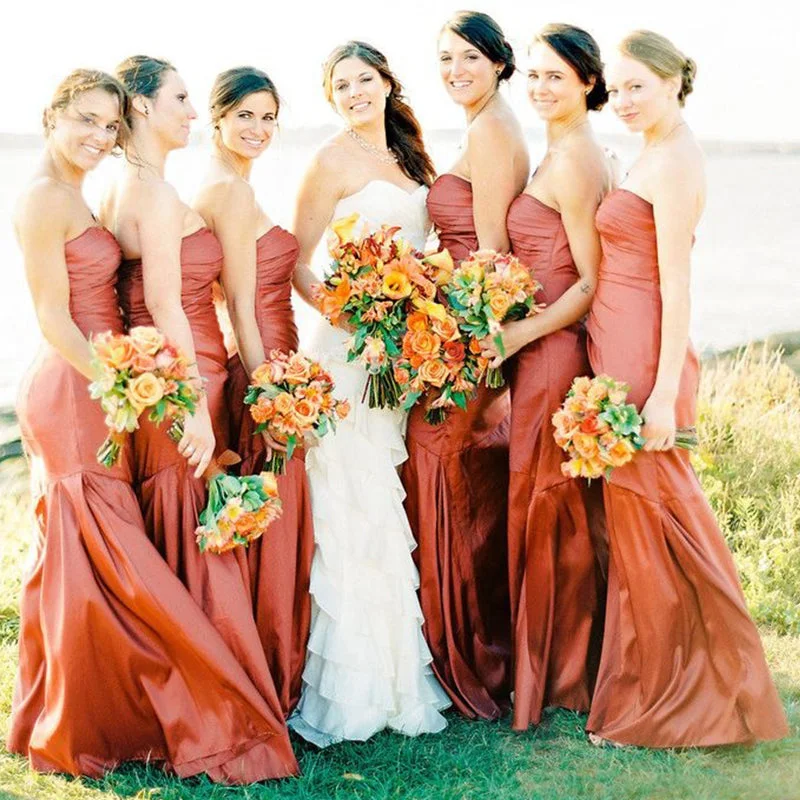 Rust Sexy Strapless Sweetheart Pleats Mermaid Long Bridesmaid Dresses, BD3280