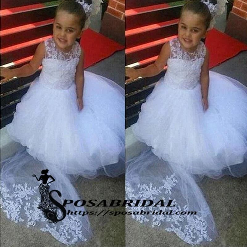 White Lace Cheap Cute Baby  Flower Girl Dresses with train, Soft Modern Junior Bridesmaid Dress , FG128