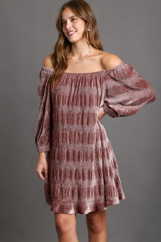 Mauve Off-Shoulder Velvet Mini Dress