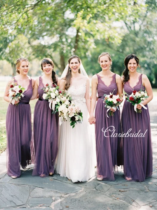 V-neck Purple Tulle A-line Long Bridesmaid Dresses