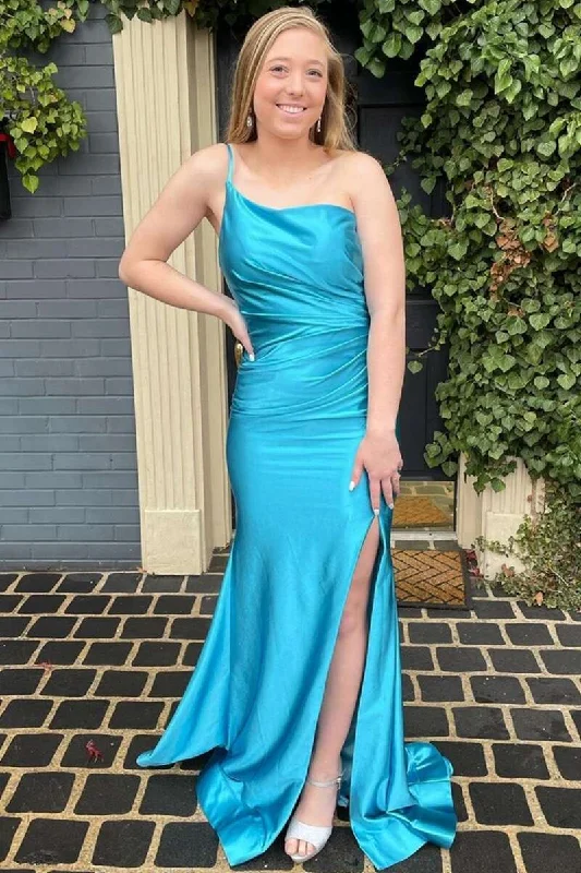 Orange One-Shoulder Ruched Long Prom Dress with Slit