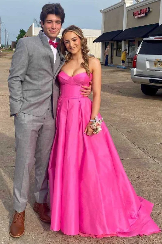 Fuchsia Strapless Satin Sweeping Long Prom Dress