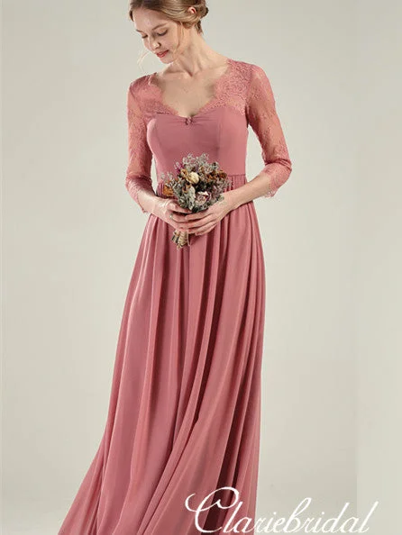 Half Sleeves Dusty Pink Chiffon Lace Long Bridesmaid Dresses