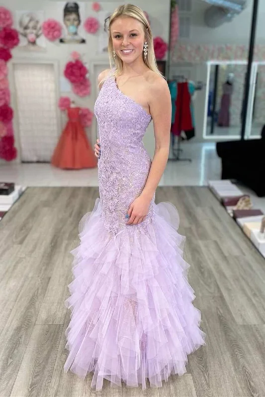 Lavender Lace One-Shoulder Tiered Trumpet Long Prom Gown