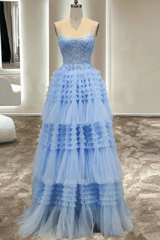 Blue A-Line Spaghetti Straps Appliques Tiered Tulle Long Prom Dress