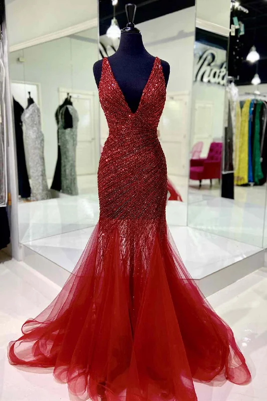 Red Sequin and Tulle Block V-Neck Backless Long Prom Dress