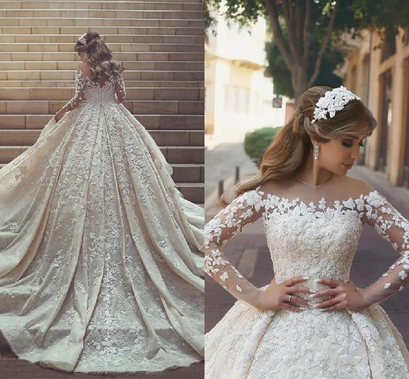 Gorgeous Crystal Appliques Tulle Long Sleeves Wedding Dresses WD0346