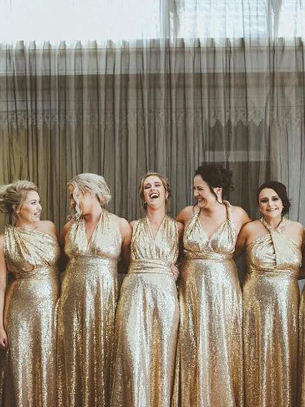 Convertible Gold Sequin Long Bridesmaid Dresses