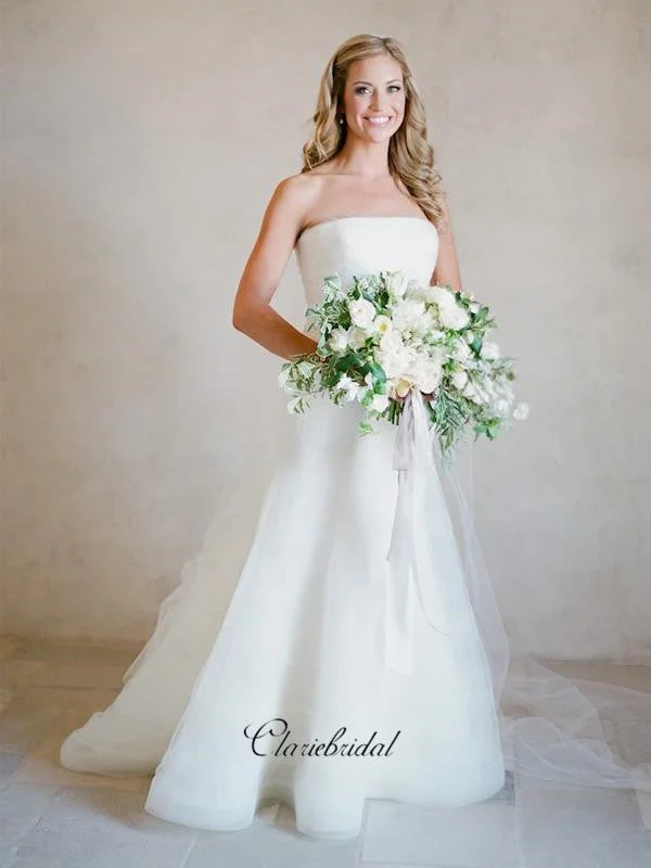 Simple Strapless Wedding Dresses, White A-line Wedding Dresses, Organza Bridal Gowns