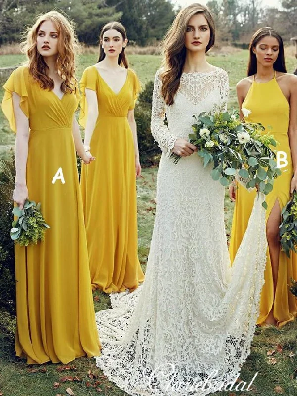 Mismatched Ginger Yellow A-line Chiffon Long Bridesmaid Dresses